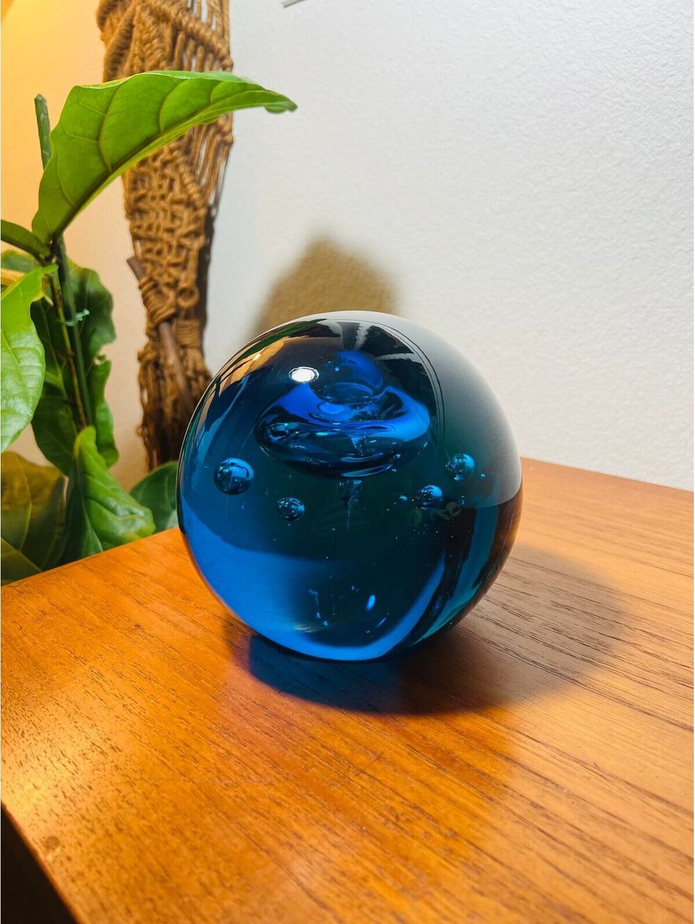 Vintage Murano Glass Blue Bubble Orb Paperweight Decorative Accent